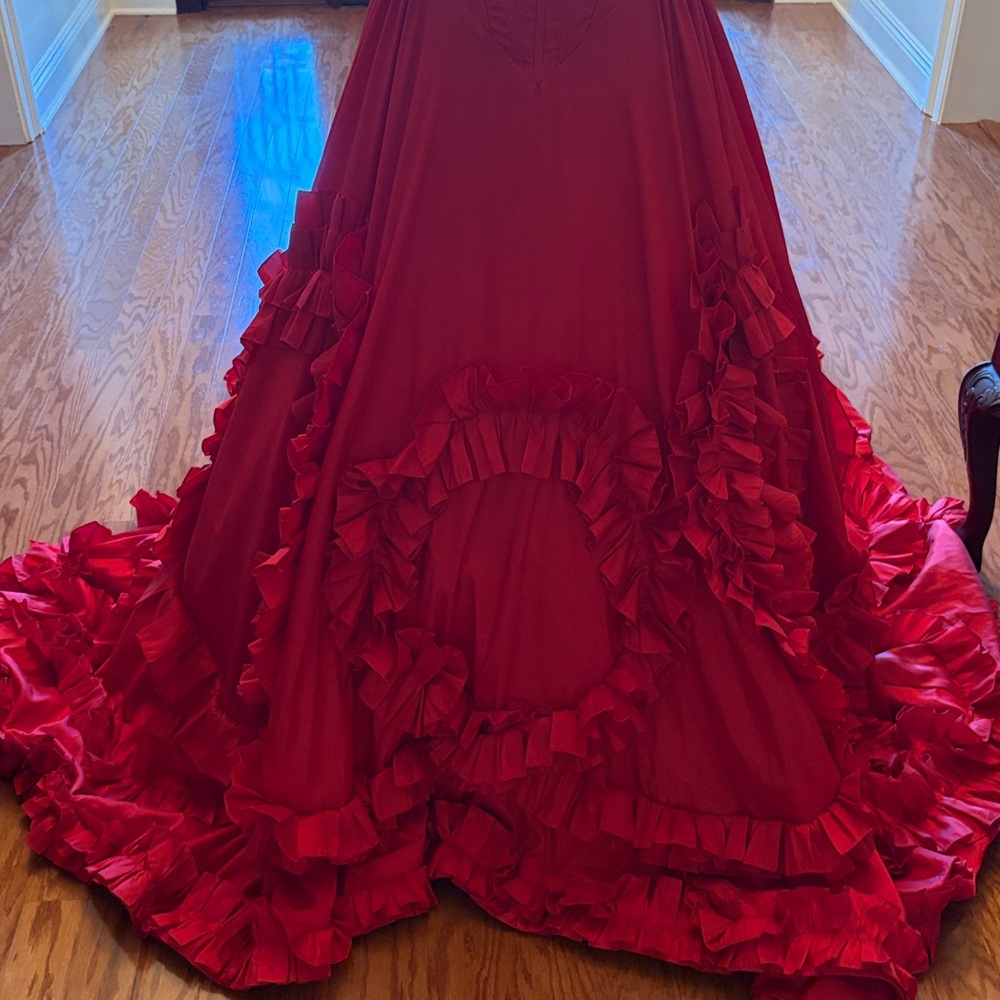 Sherri Hill Red Ruffled Ball Gown Prom Dress - Picture 11 of 12